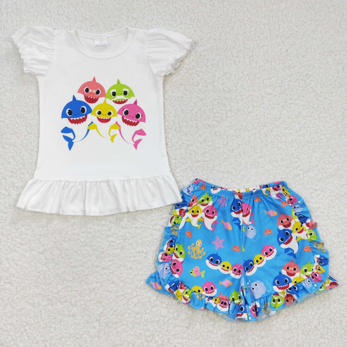 A13-11 Blue Shark Cartoon Print Girls Short Sleeve Shorts Outfits