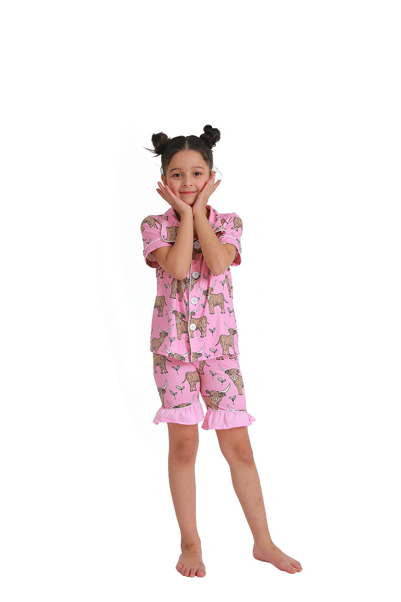 B11-28 Highland Cow Pink Collar Girls Short Sleeve Pajamas