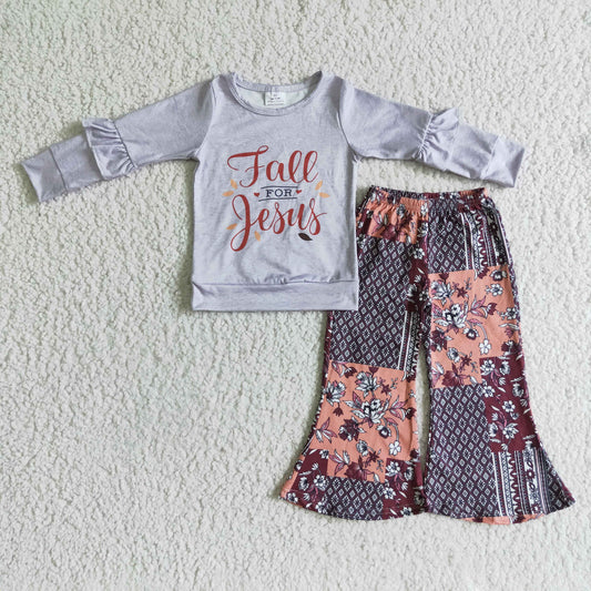 GSPO0126 Fall Jesus Floral Grey Girls Long Sleeve Bell Bottom Pants