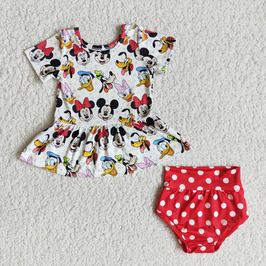 B5-10  Cartoon Red Dots Girls Short Sleeve Bummies Outfits