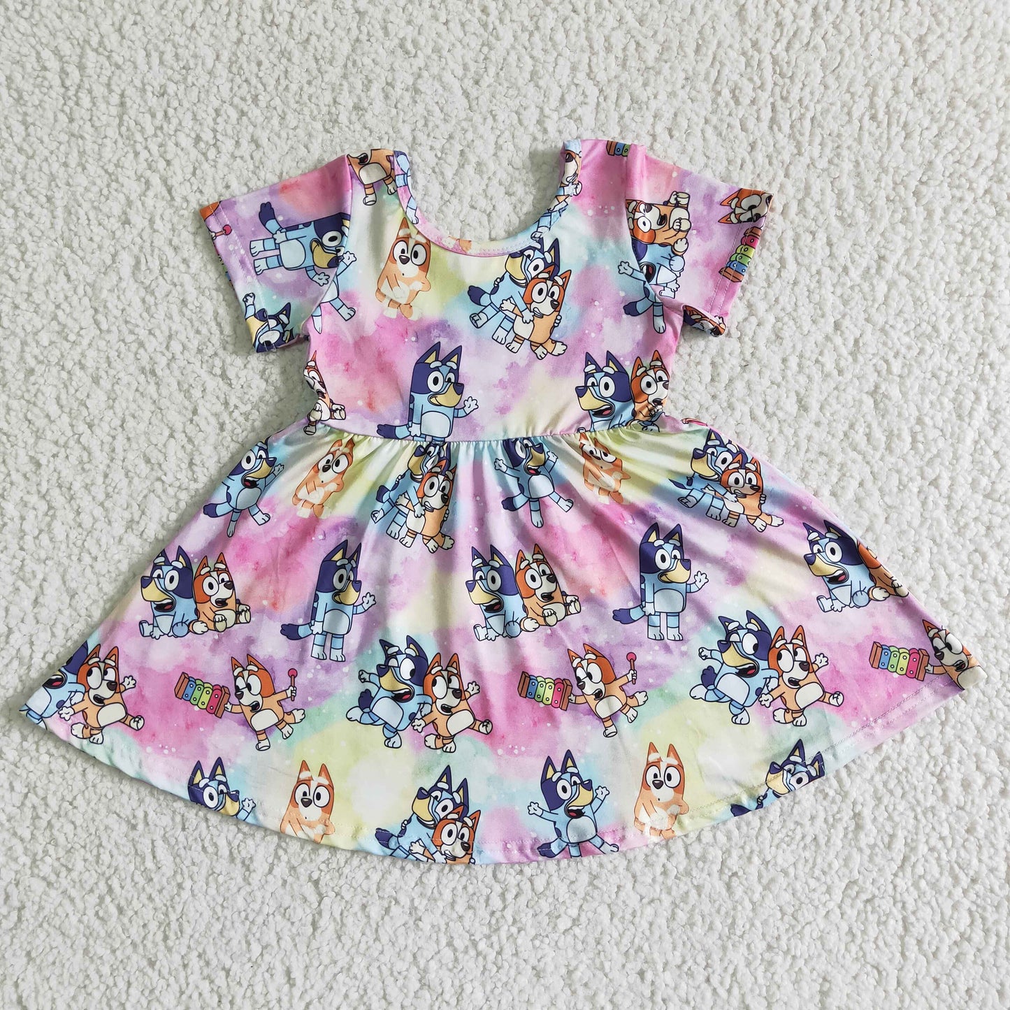 GSD0025 Pink Blue Dog Cartoon Girls Short Sleeve Dresses