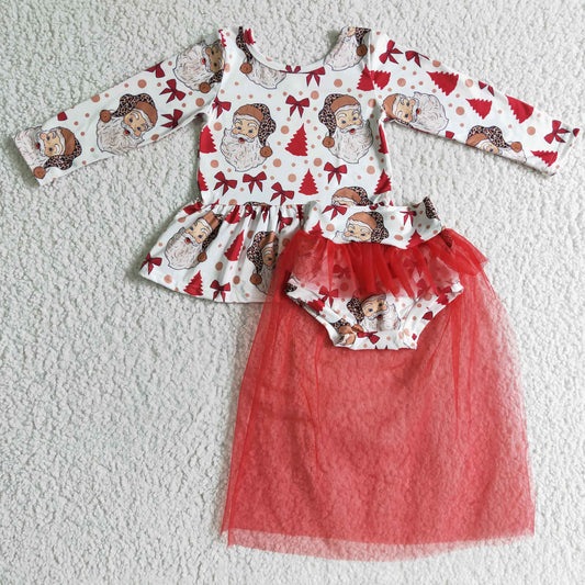 GLD0092 Christmas Santa Red Leopard Tulle Tutu Skirt Dresses Girls Long Sleeve Bummies Outfits