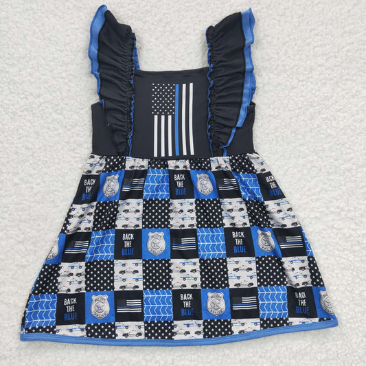 Clearance A5-12 Blue And Black Flag Girls Short Sleeve Dresses