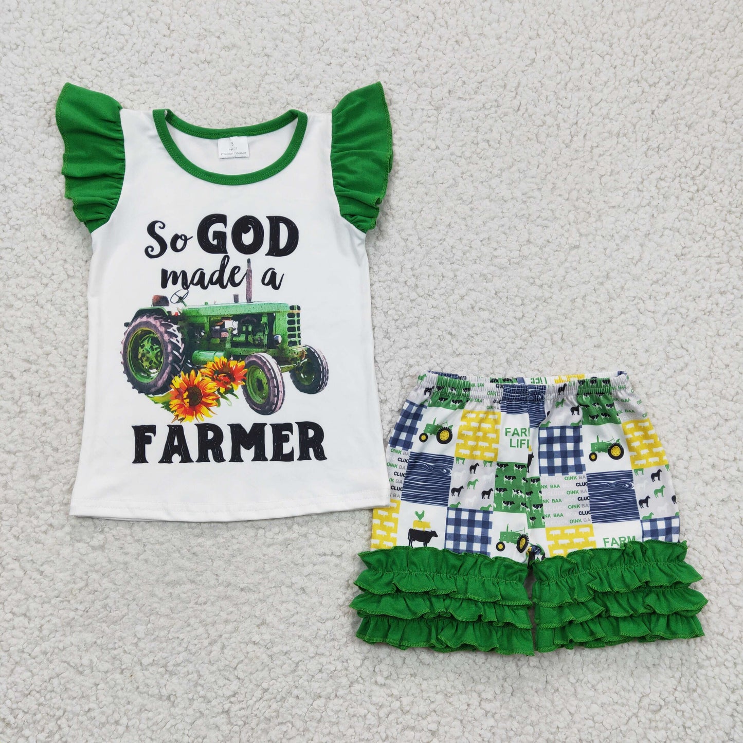 A14-3 Green Farmer So God Truck Girls Short Sleeve Shorts Outfits
