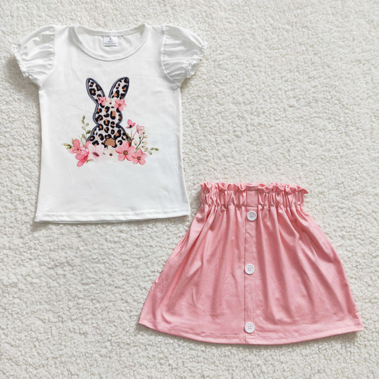 GSD0228  Easter Pink Rabbit Leopard Girls Short Sleeve With Skirt Dresses Outfits