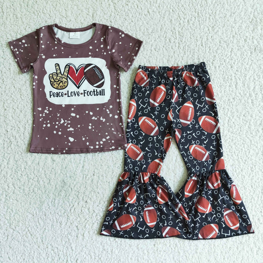 Clearance B5-16 Peace Love Football Brown Bleach Design Girls Short Sleeve Bell Bottom Pants Outfits