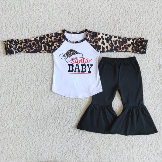 Clearance 6 A17-30 Christmas Santa Baby Leopard Print Girls Short Sleeve Bell Bottom Pants Outfits