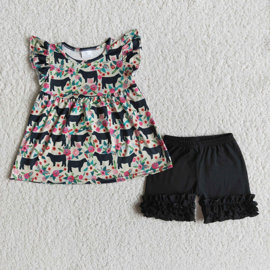 C5-1-3 Black Cow Floral Print Girls Short Sleeve Shorts Outfits