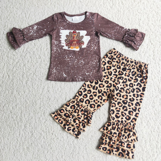 6 C9-40 Thanksgiving Turkey Brown Bleach  Leopard Girls Long Sleeve Pants Outfits