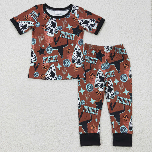 BSPO0051 Brown Punchy Highland Cow Western Boys Short Sleeve Pants Outfits Pajamas