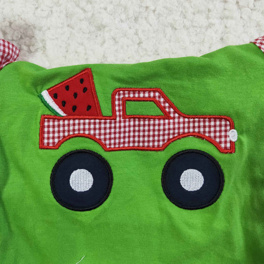 GBO0048 Green Red Plaid Car Watermelon Embroidery Girls Short Sleeve Bummies Outfits