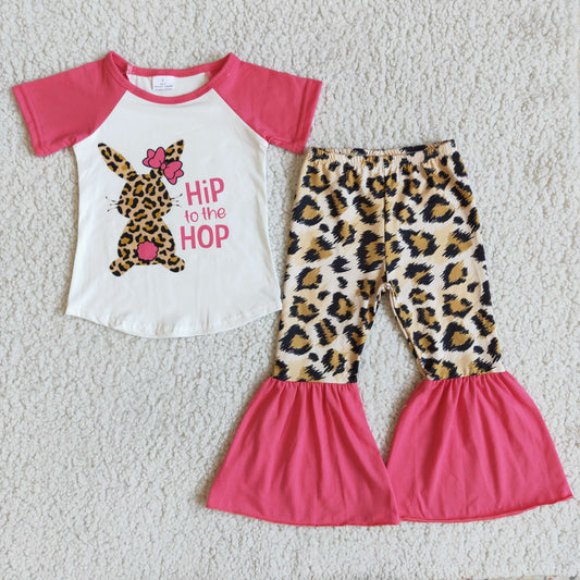 D7-17 Easter Pink Hip Hop Rabbits Leopard Print Girls Short Sleeve Bell Bottom Pants Outfits
