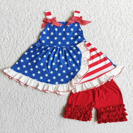 D7-1 4th Of July Red Blue Starts Tunic Girls Sleeveless Shorts Outfits