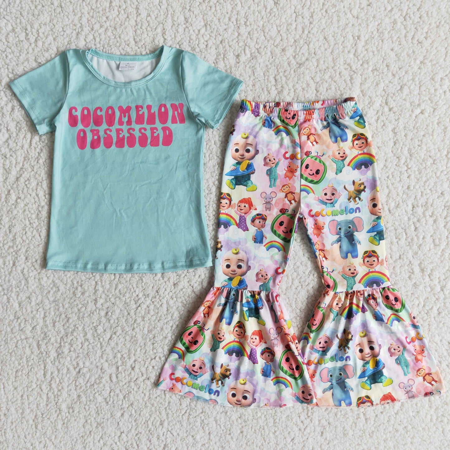 Clearance E6-4 Blue Cartoon With Bow headband 3pcs Girls Short Sleeve Bell Bottom Pants Outfits