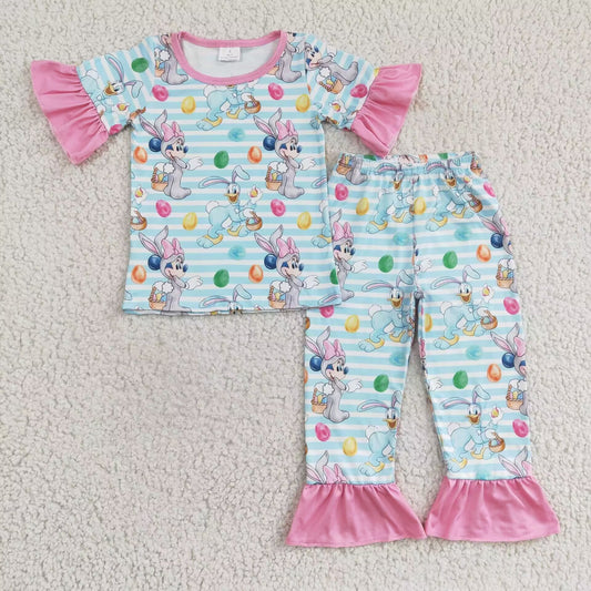 GSPO0313 Easter Rabbit Egg Pink Blue Stripes Duck M Cartoon Girls Short Sleeve Pants Outfits Pajamas