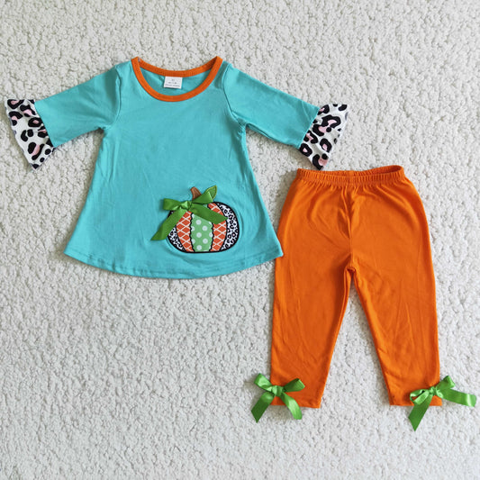 Fall Pumpkin Embroidery Baby Girls Set