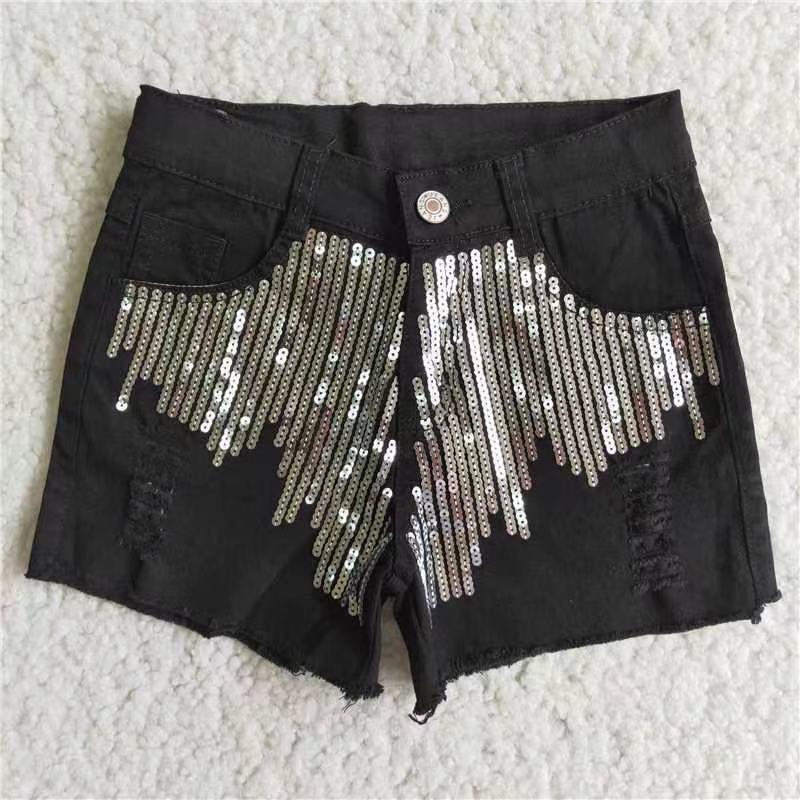 Black  Sequin Baby Girls Short Denim Jeans