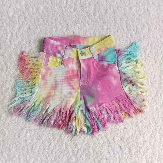 Hot Sale Baby Girls Tie-Dye Tassels Short Denim Jeans