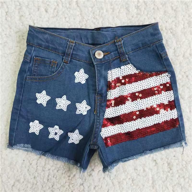 4th Of July Baby Girls Sequin Summer Short Denim Jeans