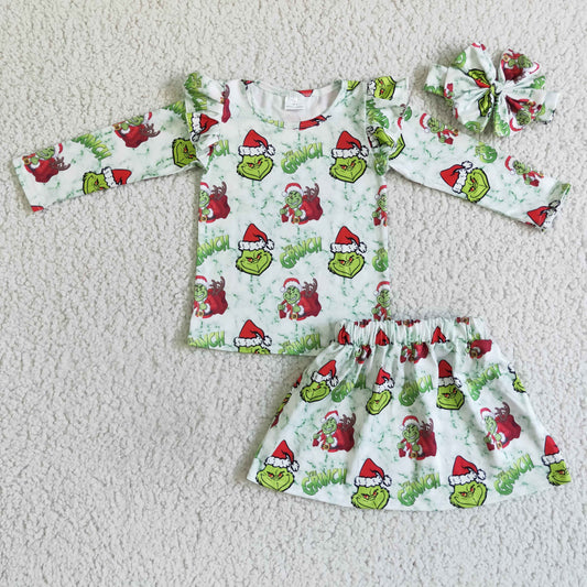 GLD0081 Christmas Santa Green Cartoon 3pcs Headband Bow Girls Long Sleeve With Skirt Dress Outfits