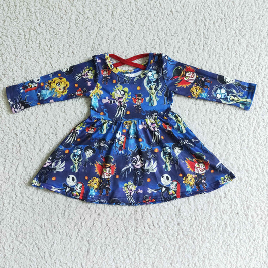 GLD0034 Halloween Blue Ghost Cartoon Girls Long Sleeve Dresses