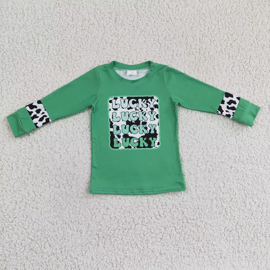 GT0081 St. Patrick  Green Lucky Cow Print Girls Long Sleeve Top