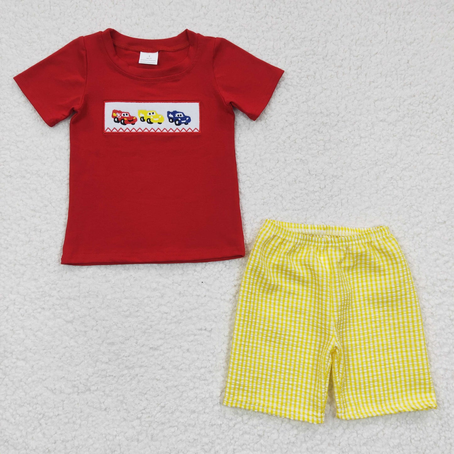 BSSO0133 Red Yellow Plaid Car Embroidery Boys Short Sleeve Shorts Outfits