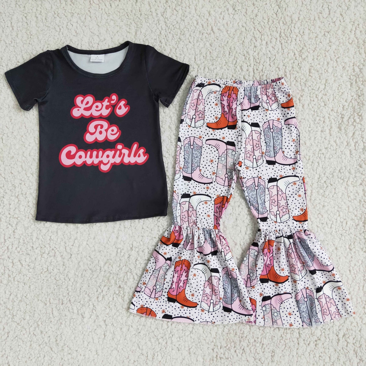 promotion RTS E1-14 Let's Be Cowgirls Cool Girls Short Sleeve Bell Bottom Pants Outfits