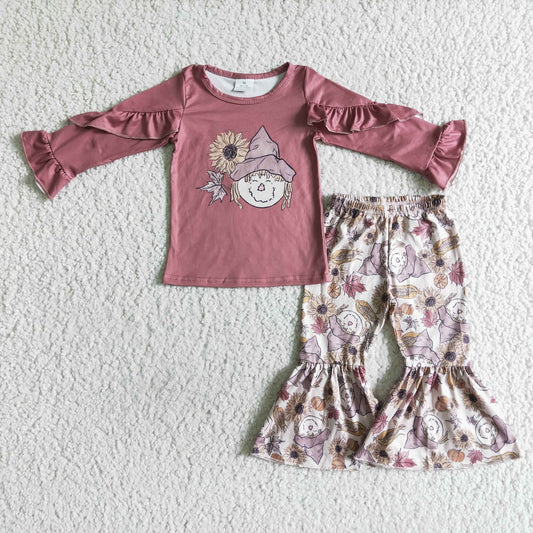 GLP0104 Pink Scarecrow Sunflower Ruffles Girls Long Sleeve Bell Bottom Pants Outfits