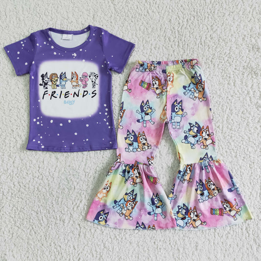 GSPO0059 Purple Dogs Cartoon Friends Girls Short Sleeve Bell Bottom Pants Outfits