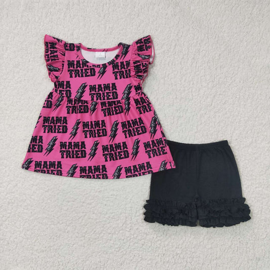 GSSO0199  Pink Mama Black Girls Short Sleeve Shorts Outfits