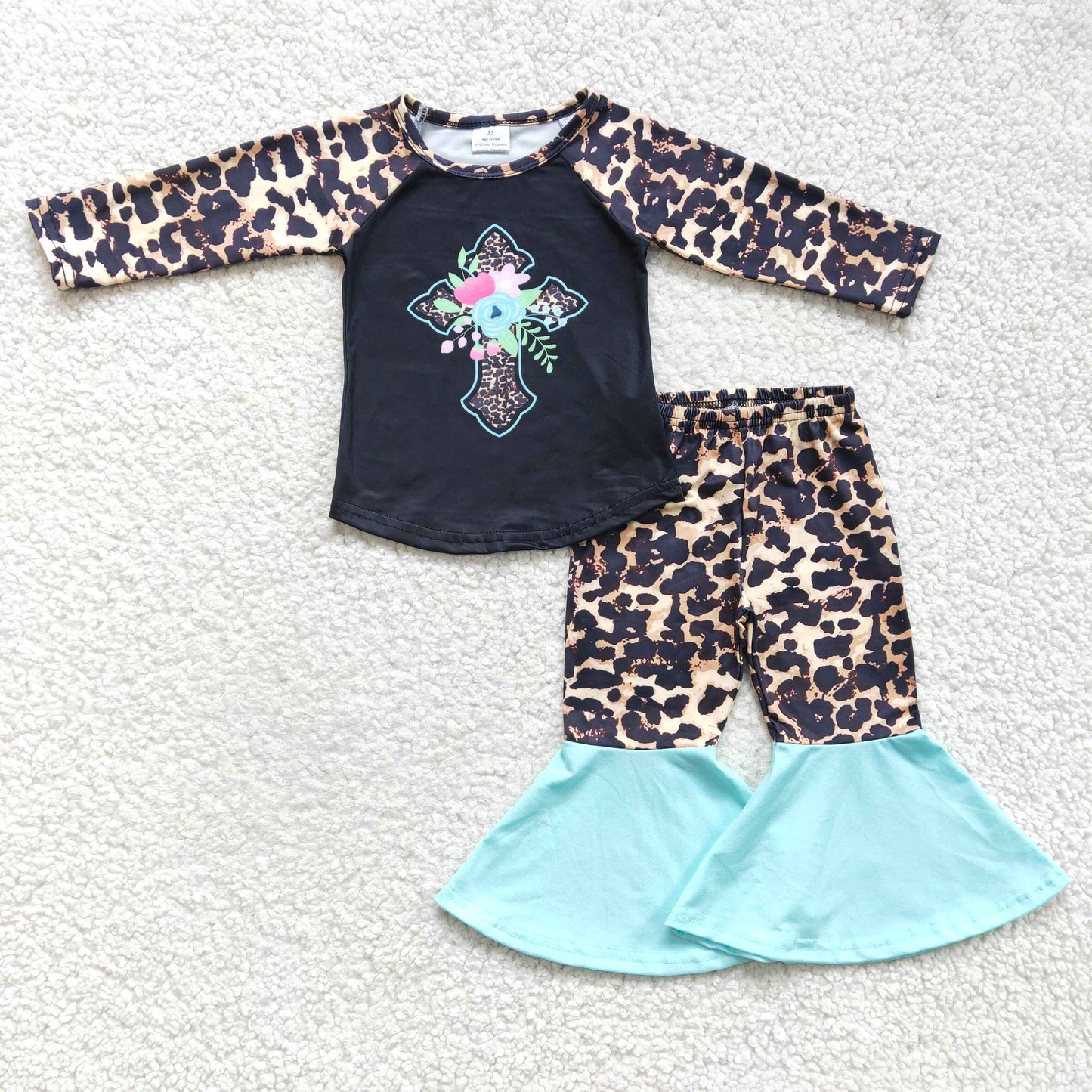 Clearance 6 B3-1 Black Blue Cross Leopard Print Easter Girls Long Sleeve Bell Bottom Pants Outfits