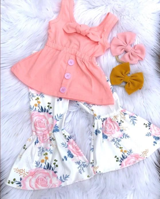 Clearance D8-15 Pink Floral Print Rosey Girls Short Sleeve Bell Bottom Pants Outfits