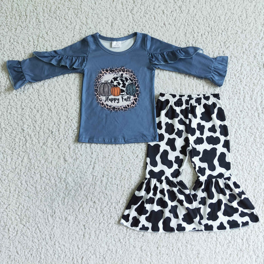 Promotion RTS GLP0090 Halloween Blue Pumpkin Cow Print Ruffles Girls Long Sleeve Bell Bottom Pants Outfits