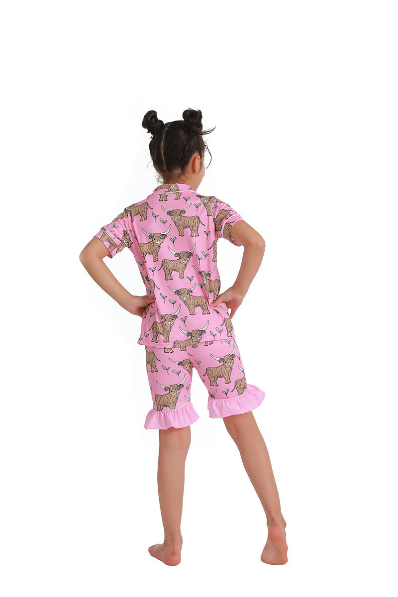 B11-28 Highland Cow Pink Collar Girls Short Sleeve Pajamas