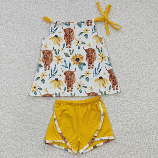 GSSO0207 Yellow Highland Cow Floral Girls Sleeveless Shorts Outfits