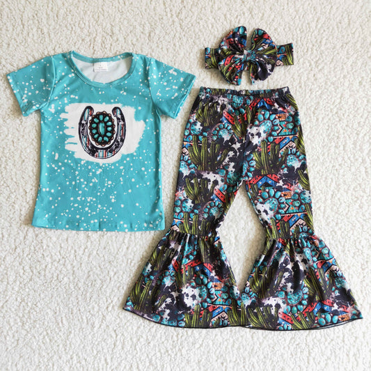 Clearance C1-25 Aztec Blue Cactus Cow With Bow Headband 3pcs Girls Short Sleeeve Bell Bottom Pants Outfits