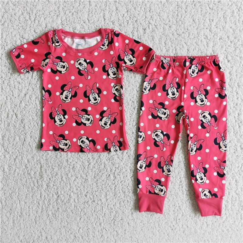 E1-15 Red Mouse Cartoon Girls Short Sleeve Pants Pajamas Outfits