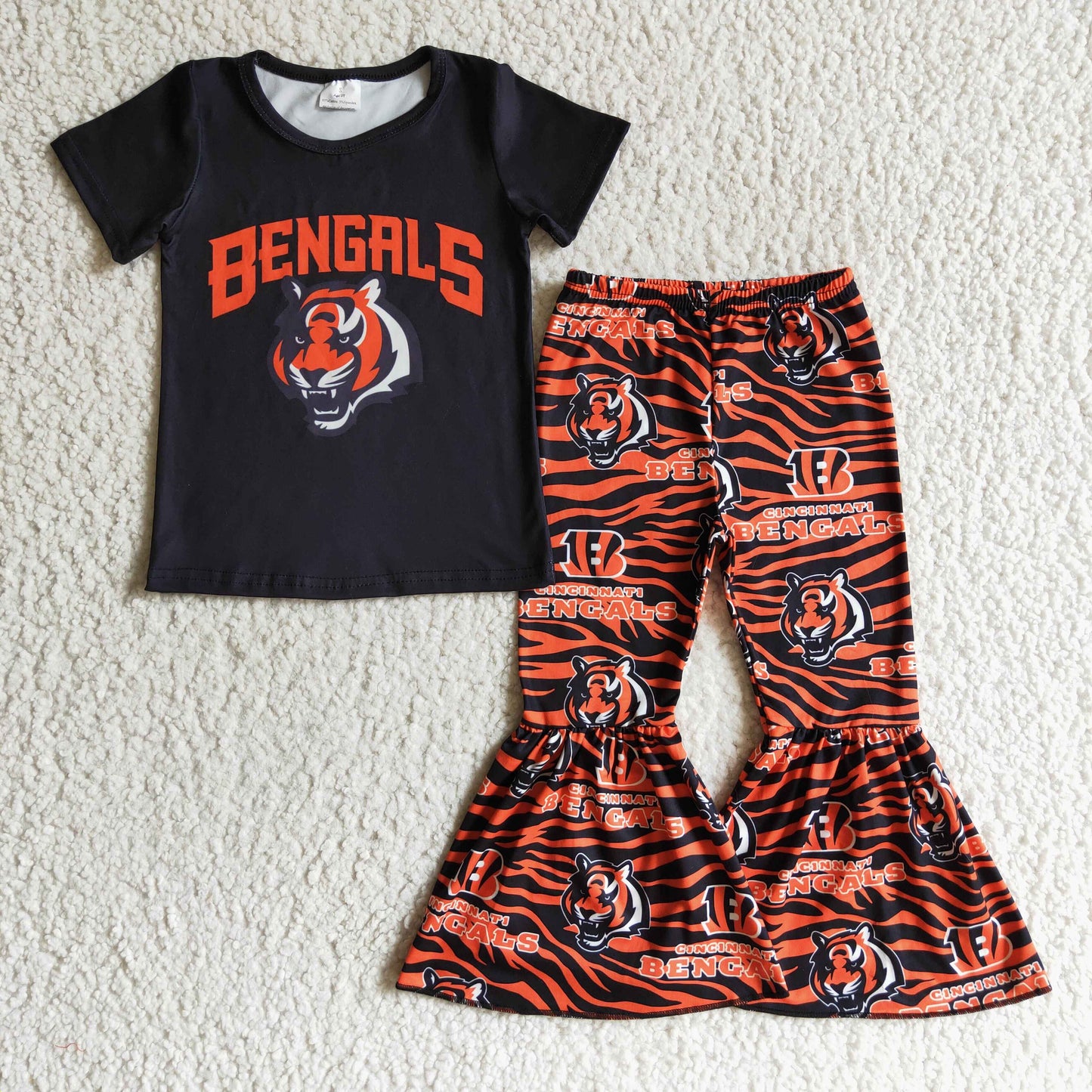 GSPO0187 Black Orange Tiger Football Team Letter Girls Short Sleeve Bell Bottom Pants Outfits