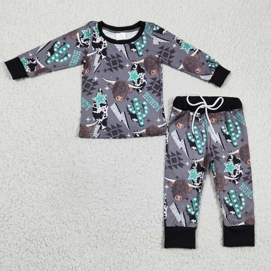 BLP0154  Black Highland Cow Cactus Howdy Western Boys Long Sleeve Pants Outfits Pajamas