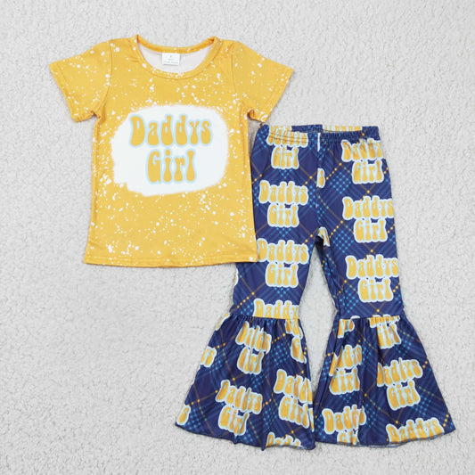 GSPO0357 Yellow Blue Daddys Girl Girls Short Sleeve Bell Bottom Pants Outfits