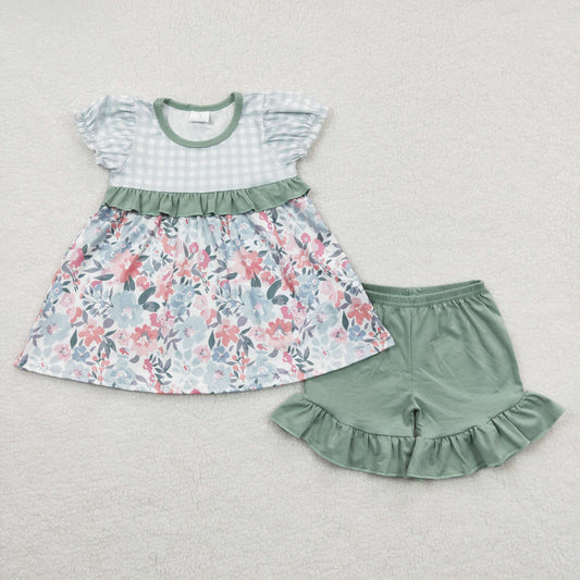 GSSO0247  Pink Green Floral Girls Short Sleeve Shorts Outfits