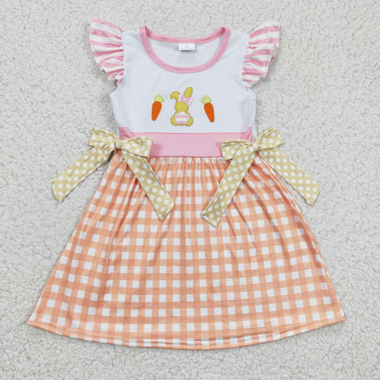 GSD0163 Easter Orange Pink Rabbit Carrot Plaid Bow Embroidery Girls Short Sleeve Dresses