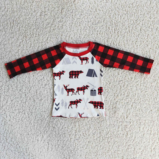 Christmas Boys Raglan Plaid Print Long Sleeve Casual T-shirts