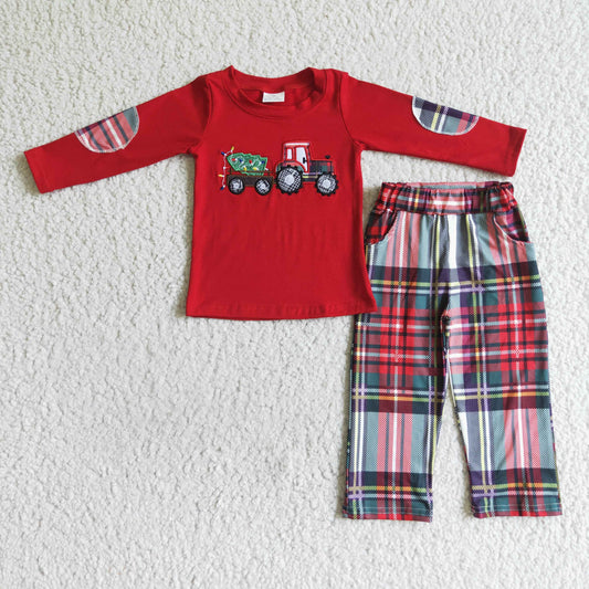 BLP0013 Christmas Red Plaid Car Tree Embroidery Boys Long Sleeve Pants Outfits