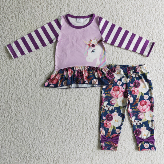 GLP0223 Unicorn Purple Floral Flower Stripes Girls Long Sleeve Pants Outfits