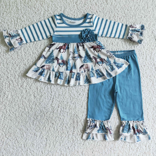 GLP0019 Blue Stripes Horses Western Ruffles Tunic Girls Long Sleeve Pants Outfits