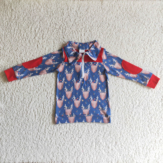 BT0071 Christmas Red Blue Deer Boys Long Sleeve Top Collar Polo Pullover T-Shirts