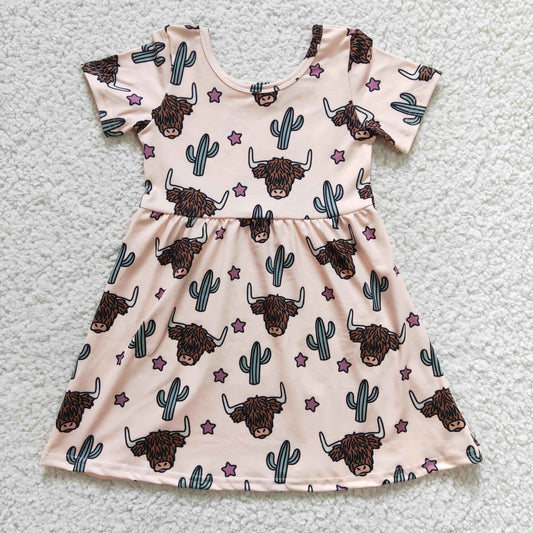 GSD0178 Cactus Highland Cow  Girls Short Sleeve Dresses