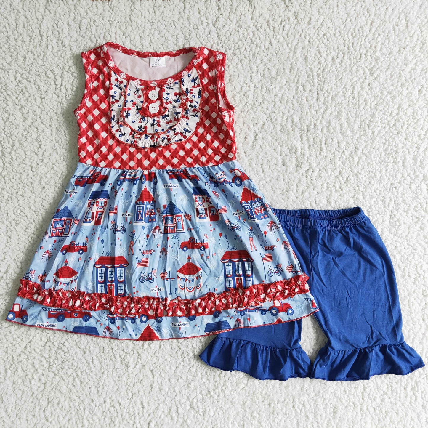 A12-17 4th Of July Red Blue Flag Tunic Girls Sleeveless Shorts Outfits